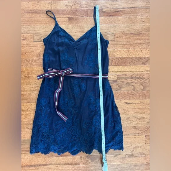 Abercrombie & Fitch Navy Blue Lace Slip Dress with Striped Waist Tie - Picture 3 of 8